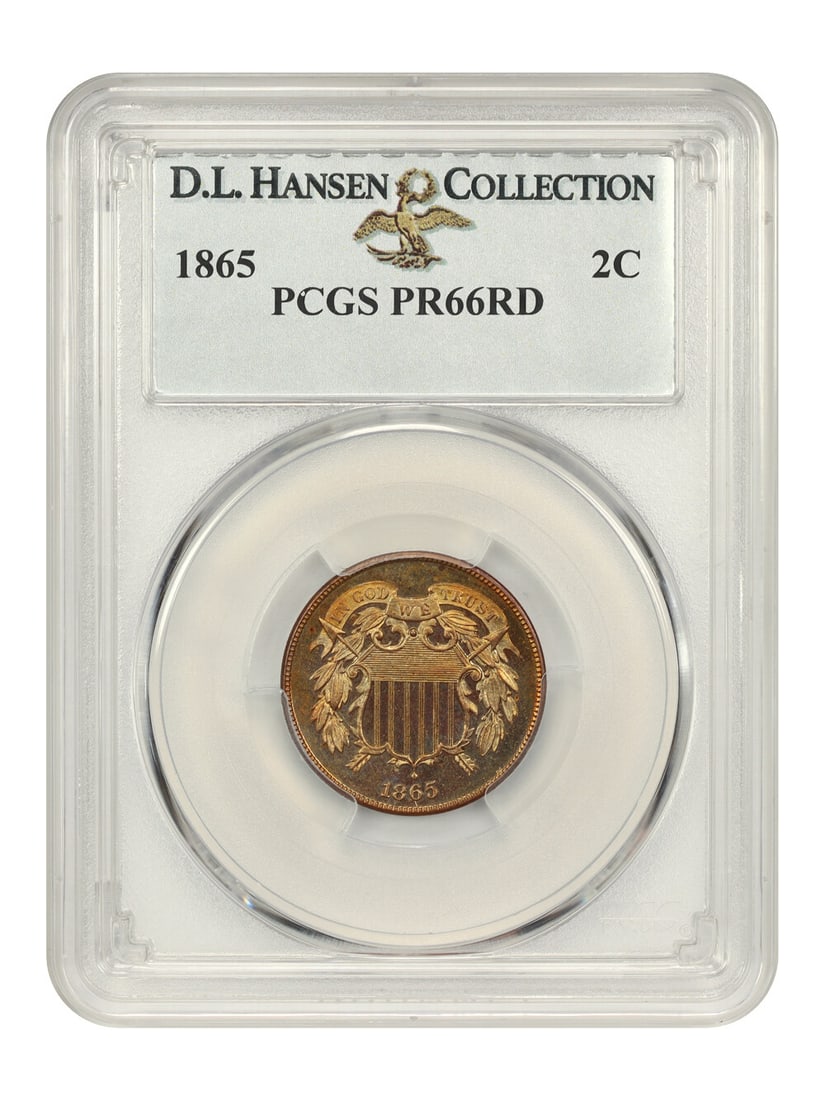 PCGS PR66RD 1865 Two Cent Coin ex D.L. Hansen: PCGS PR66RD 1865 Two Cent Coin ex D.L. Hansen 1865 Two Cent proof coin graded PCGS Proof 66 RD. This uncirculated Philadelphia issue is certified by PCGS and carries certification number 35763830. The