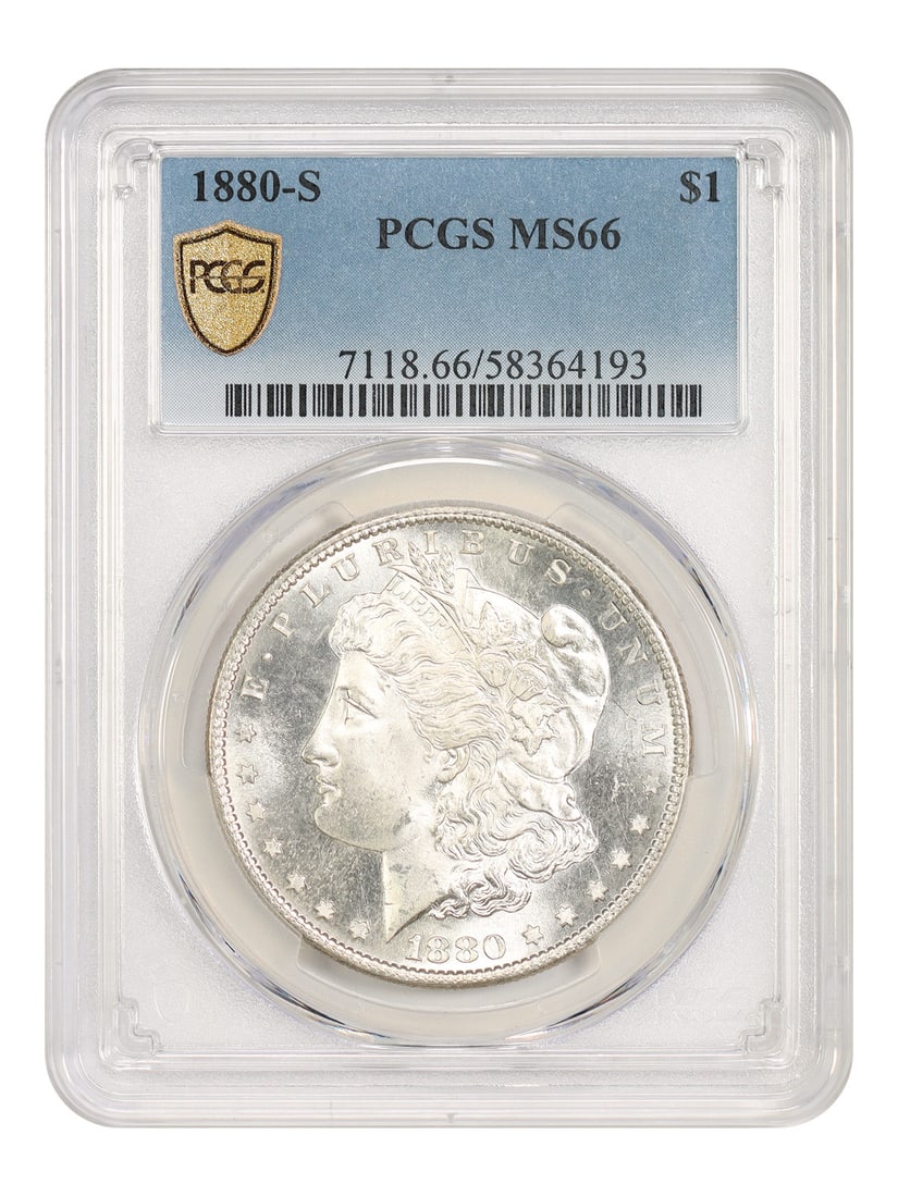 PCGS MS66 1880-S Morgan Silver Dollar $1 Uncirculated: PCGS MS66 1880-S Morgan Silver Dollar $1 Uncirculated 1880-S Morgan Dollar graded PCGS MS66. This uncirculated $1 coin is from the San Francisco Mint and carries certification number 58364193. The 188