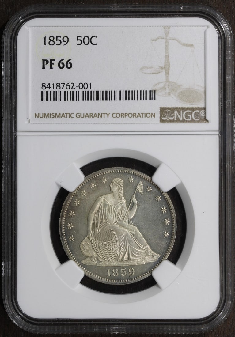 1859 Seated Liberty Half Dollar Silver Proof PF66 NGC Reverse Toning: 1859 Seated Liberty Half Dollar Silver Proof PF66 NGC Reverse Toning This 1859 Seated Liberty Half Dollar is a proof strike coin certified by NGC with a high grade of PF 66. The coin features reverse 