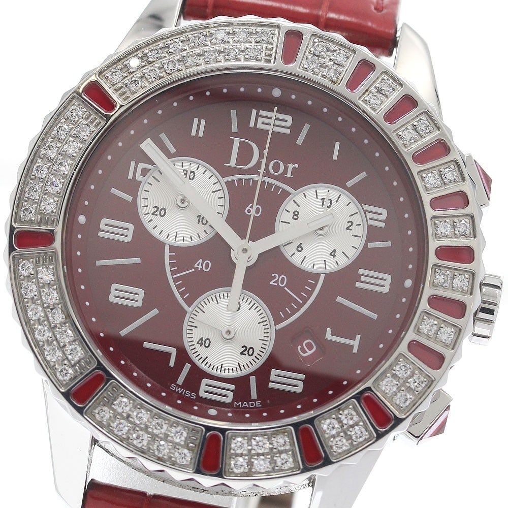 Dior CD11431B-V womens quartz chronograph wristwatch with crystal bezel: Dior CD11431B-V womens quartz chronograph wristwatch with crystal bezel Dior women's wristwatch with a crystal diamond bezel and chronograph quartz movement. This pre-owned watch is of Swiss origin an