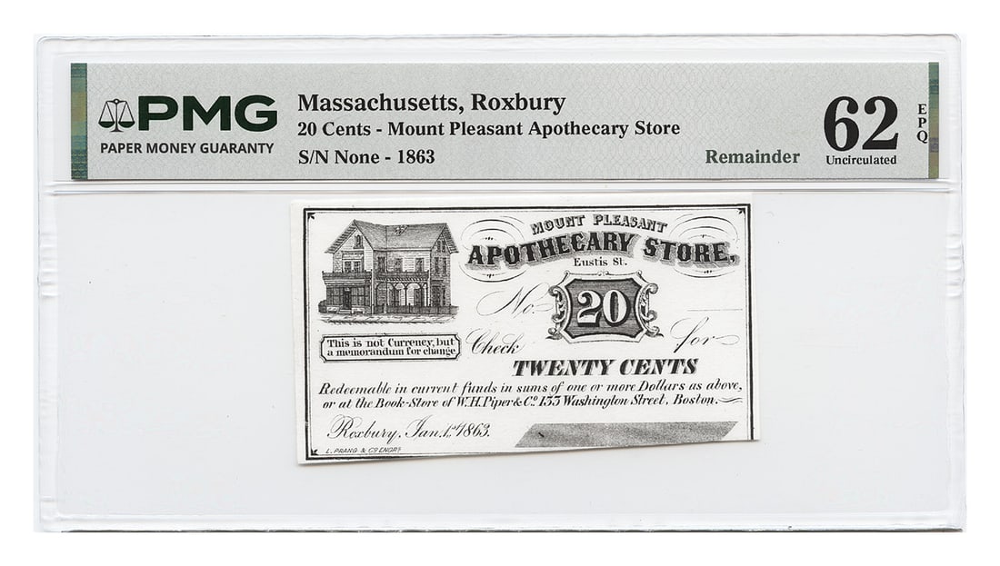 PMG Ungraded 1863 20C Store Certificate Mount Pleasant Apothecary Roxbury MA (1 of 2)