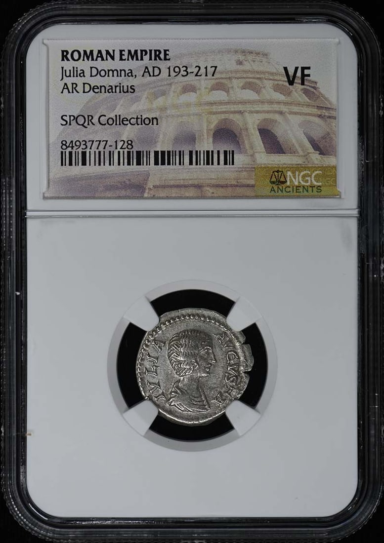 NGC VF Julia Domna Roman Empire AR Denarius: NGC VF Julia Domna Roman Empire AR Denarius This ancient Roman Empire AR Denarius features Julia Domna, who lived from AD 193 to 217. The coin has been certified and graded VF (Very Fine) by NGC, ensu