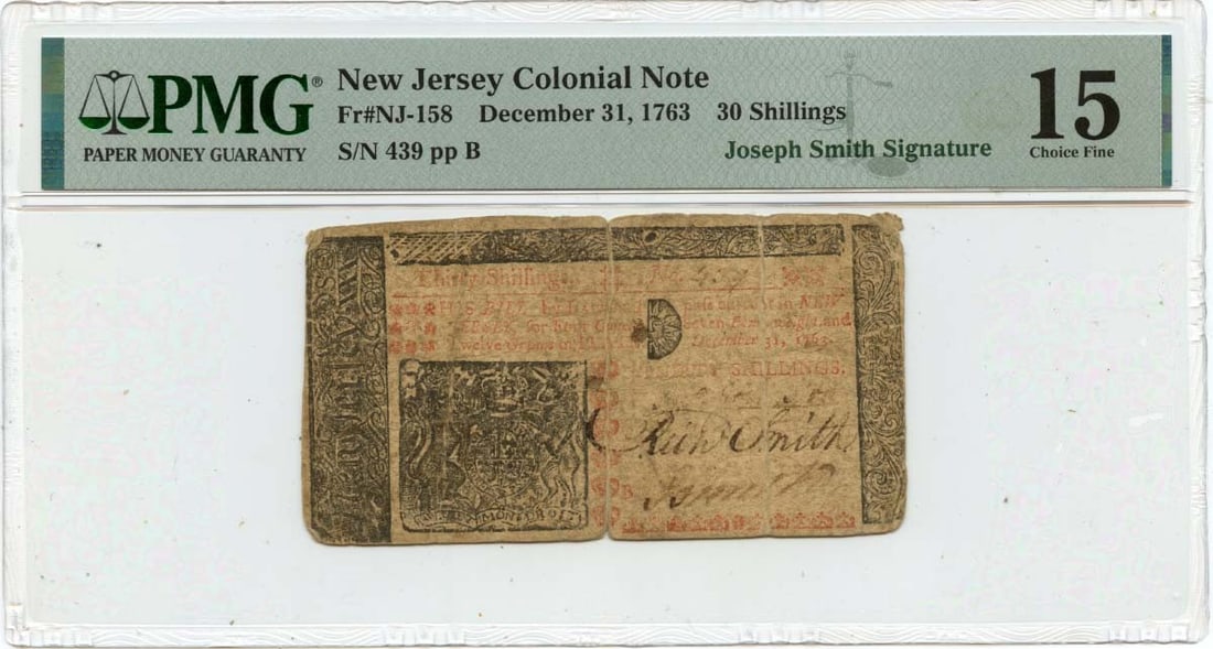 New Jersey 30 Shillings Colonial Currency Note 1763 PMG Certified F15: New Jersey 30 Shillings Colonial Currency Note 1763 PMG Certified F15 This is a 1763 December 31 New Jersey colonial note with a denomination of 30 shillings. The note has been certified by PMG with a