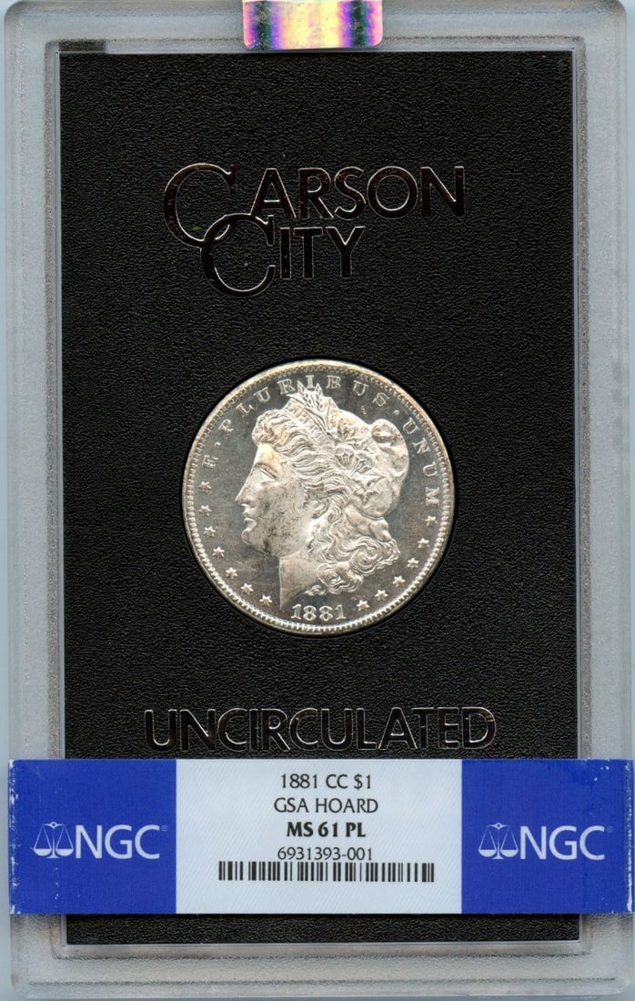 NGC MS61PL 1881 Carson City Morgan Silver Dollar GSA Hoard: NGC MS61PL 1881 Carson City Morgan Silver Dollar GSA Hoard This is an 1881 Carson City Morgan Dollar from the GSA Hoard, certified by NGC with a grade of MS61 and a Proof-Like strike. This uncirculate