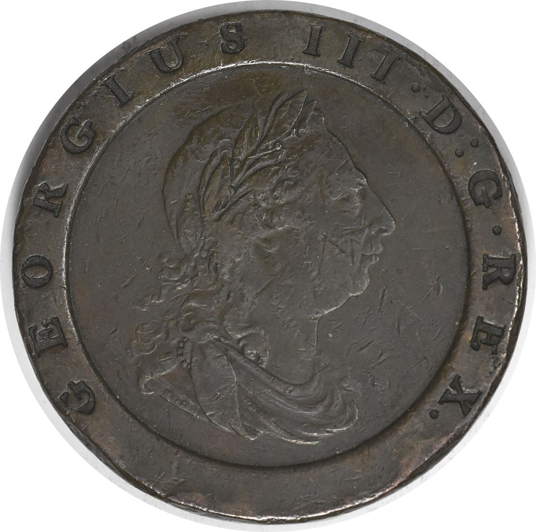 1797 United Kingdom Copper 2 Pence Coin KM619 VF Grade Uncertified: 1797 United Kingdom Copper 2 Pence Coin KM619 VF Grade Uncertified This is a 1797 Great Britain 2 Pence coin, composed of copper. The coin is uncertified and has been circulated, with a grade of VF (V