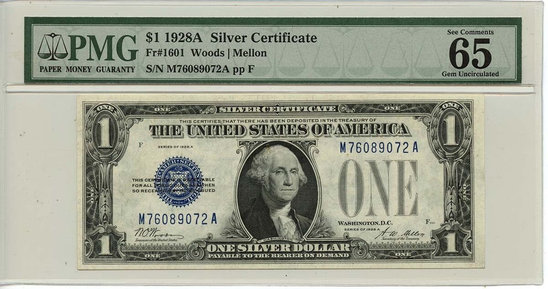 1928A $1 Silver Certificate Fr# 1601 PMG Gem65 EPQ Uncirculated: 1928A $1 Silver Certificate Fr# 1601 PMG Gem65 EPQ Uncirculated This 1928A $1 Silver Certificate, designated as Fr# 1601, is a remarkable piece of currency history. Graded as PMG Gem65 EPQ, this uncir