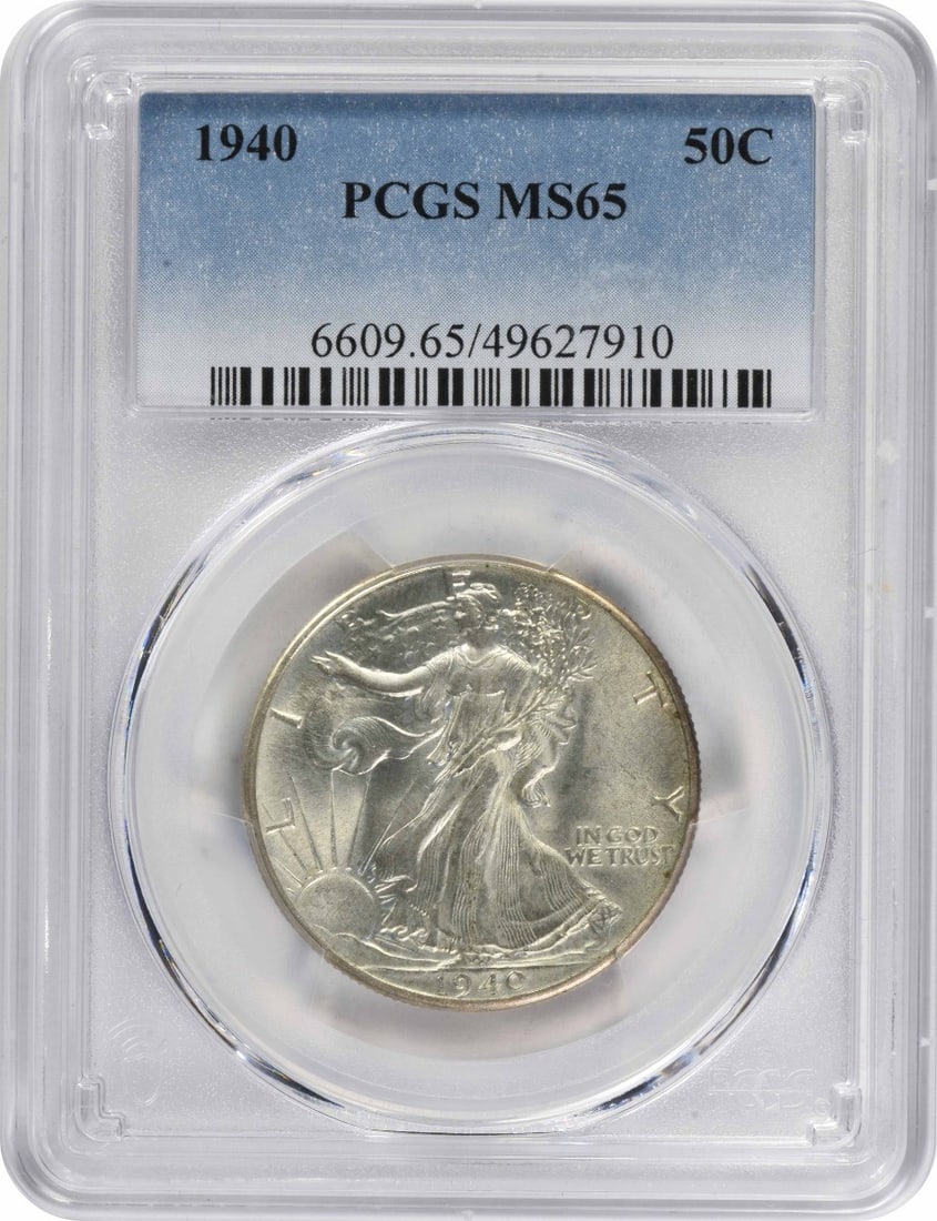 PCGS MS65 1940 Walking Liberty Half Dollar Silver: PCGS MS65 1940 Walking Liberty Half Dollar Silver This 1940 Walking Liberty Silver Half Dollar is graded MS65 by PCGS. Struck in silver, this uncirculated coin features the classic Walking Liberty des