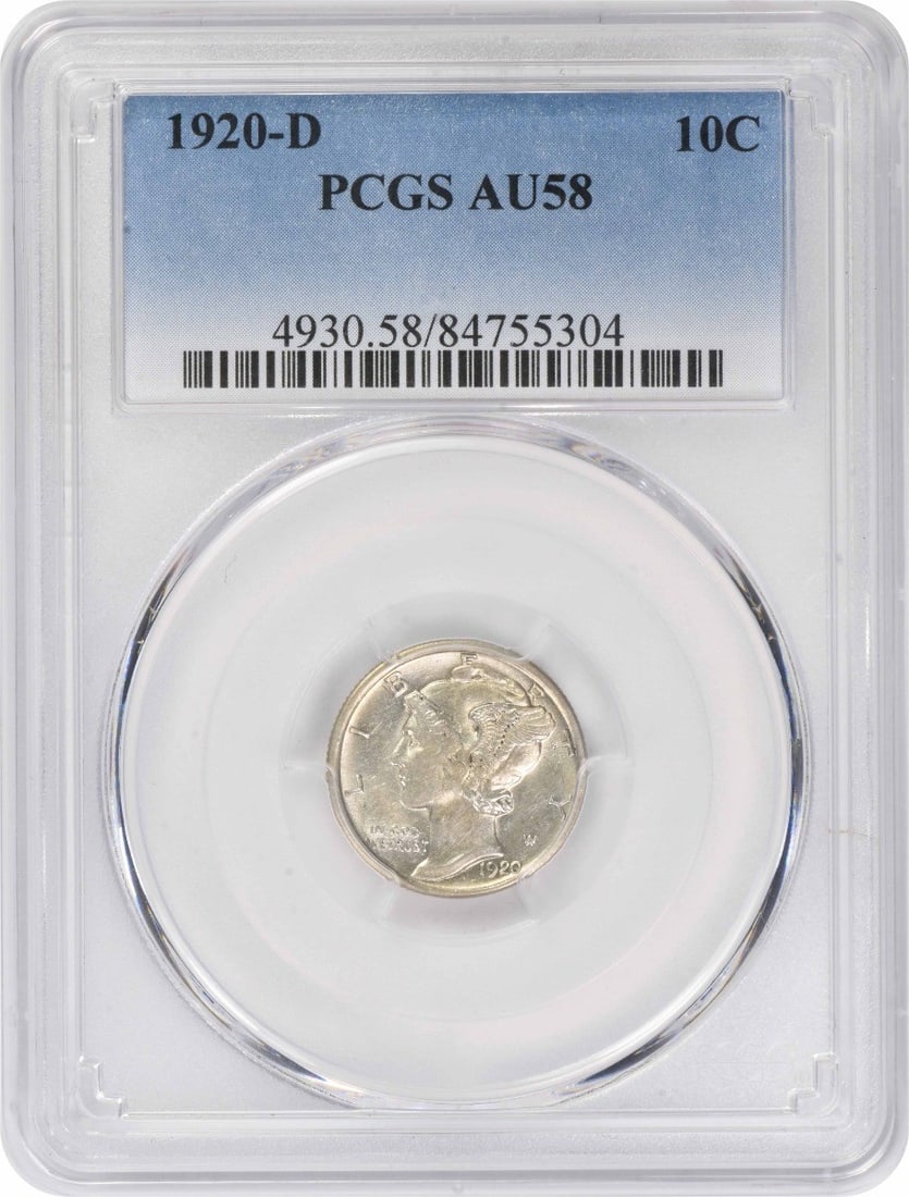 PCGS AU58 1920 D Mercury 10C Silver Dime: PCGS AU58 1920 D Mercury 10C Silver Dime A 1920-D Mercury silver dime graded AU58 by PCGS. This circulated United States 10-cent coin features the Mercury design by Adolph Alexander Weinman and is com