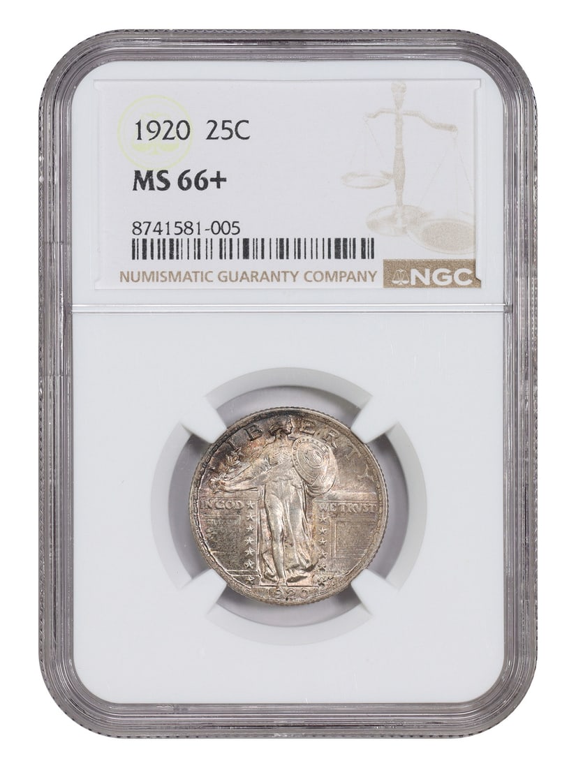 NGC MS66+ 1920 Standing Liberty Quarter 25C: NGC MS66+ 1920 Standing Liberty Quarter 25C A 1920 Standing Liberty Quarter in uncirculated condition, certified by NGC as MS66+. This Philadelphia issue is described as a modestly toned example in lo