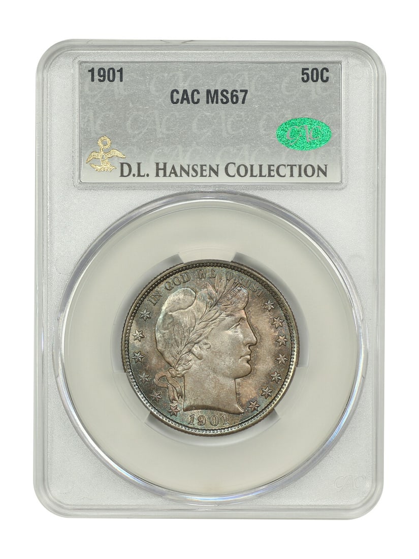 Barber Half Dollar 1901 50C CACG MS67 ex D.L. Hansen: Barber Half Dollar 1901 50C CACG MS67 ex D.L. Hansen 1901 Barber Half Dollar 50C certified by CACG and graded MS67. This uncirculated Philadelphia issue is from the D.L. Hansen Collection and is descr