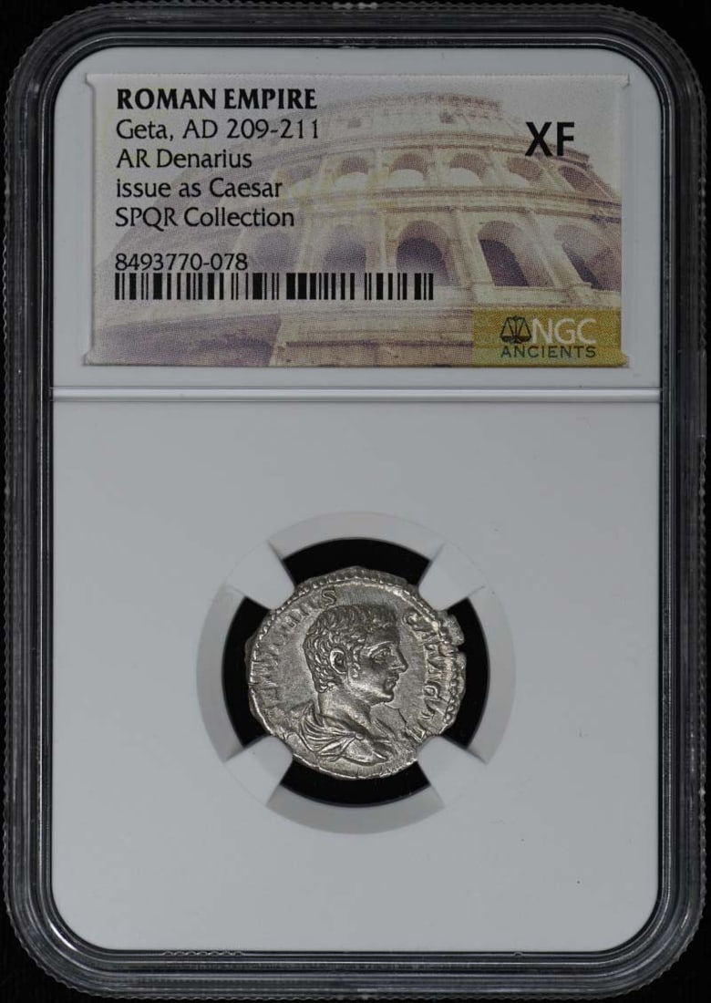 Roman Denarius Silver Coin of Geta 209-211 AD NGC XF40: Roman Denarius Silver Coin of Geta 209-211 AD NGC XF40 Roman Empire AR Denarius coin issued during the reign of Geta, dated AD 209-211. Certified and graded XF40 by NGC. This collectible coin is of It
