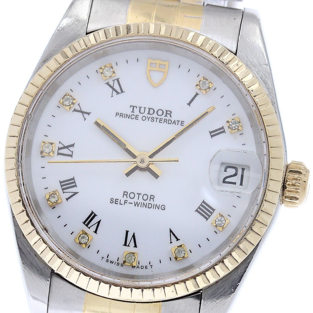 TUDOR Prince Oysterdate Unisex Wristwatch Ref 72033 Diamond Dial: TUDOR Prince Oysterdate Unisex Wristwatch Ref 72033 Diamond Dial TUDOR Prince Oysterdate wristwatch with a yellow gold bezel and 10-point diamond accents. This pre-owned unisex watch is of Swiss origi