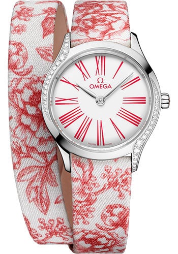 Omega De Ville Mini Tresor Ladies Quartz Watch White Dial Diamond Bezel Strap: Omega De Ville Mini Tresor Ladies Quartz Watch White Dial Diamond Bezel Strap This Omega De Ville Mini Tresor Quartz watch features a white dial with pink Roman numeral markers, complemented by a smoo