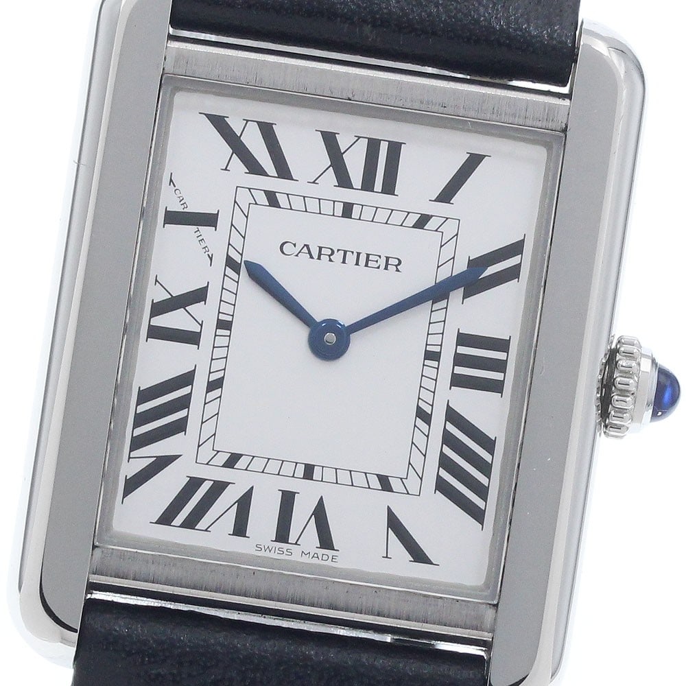 Cartier Tank Solo SM Ladies Quartz Silver Leather Watch: Cartier Tank Solo SM Ladies Quartz Silver Leather Watch This Cartier Tank Solo SM WSTA0030 is a sophisticated wristwatch designed for women. Featuring a stainless steel case and a leather strap, it is