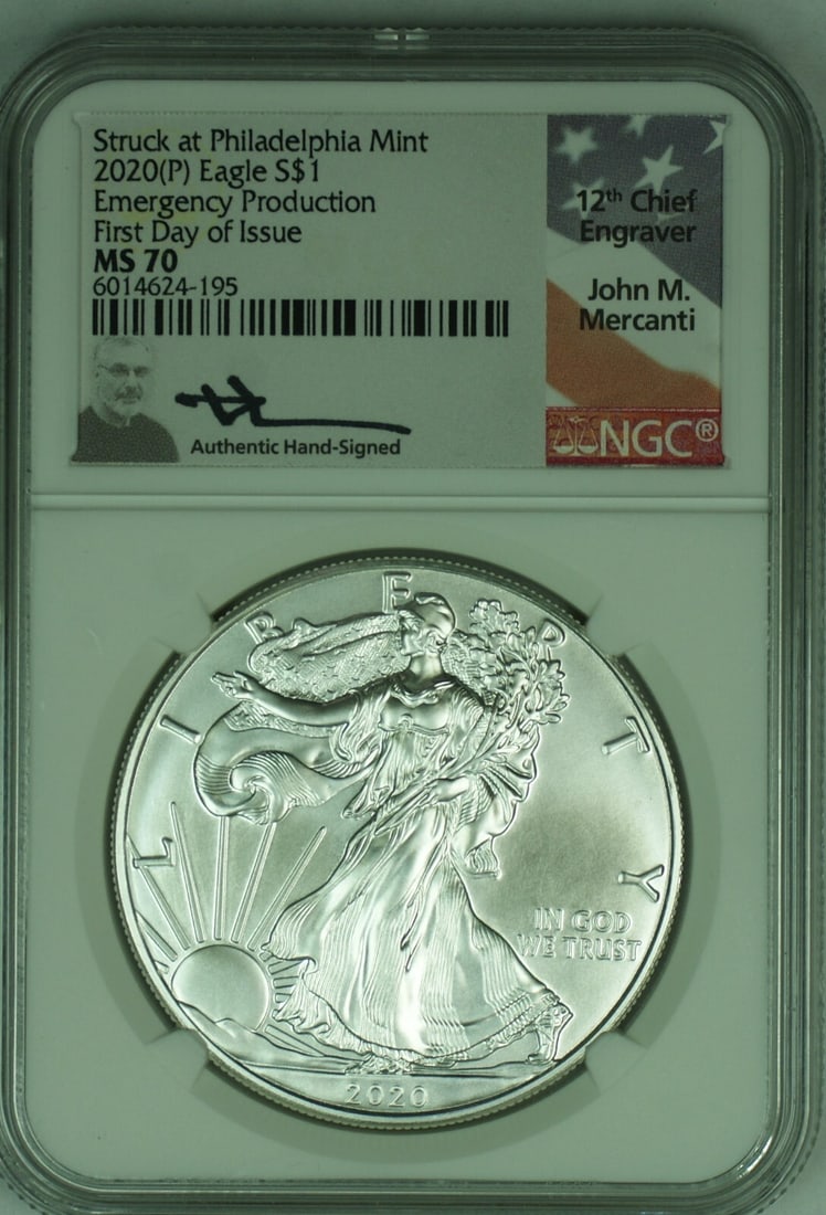 2020 Silver Eagle MS 70 NGC Certified Coin Struck in Philadelphia: 2020 Silver Eagle MS 70 NGC Certified Coin Struck in Philadelphia This 2020 American Silver Eagle $1 coin was struck at the Philadelphia Mint and features a fineness of 0.999 silver. The coin is certi