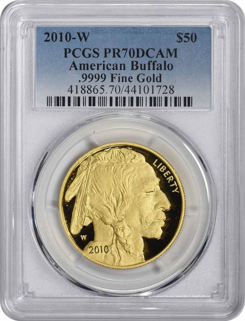 PCGS PR70DCAM 2010-W American Buffalo $50 Gold Coin: PCGS PR70DCAM 2010-W American Buffalo $50 Gold Coin This 2010-W $50 American Gold Buffalo coin is a proof strike graded PR70DCAM by PCGS. Minted by the U.S. Mint at West Point, it contains 1 oz of 99.