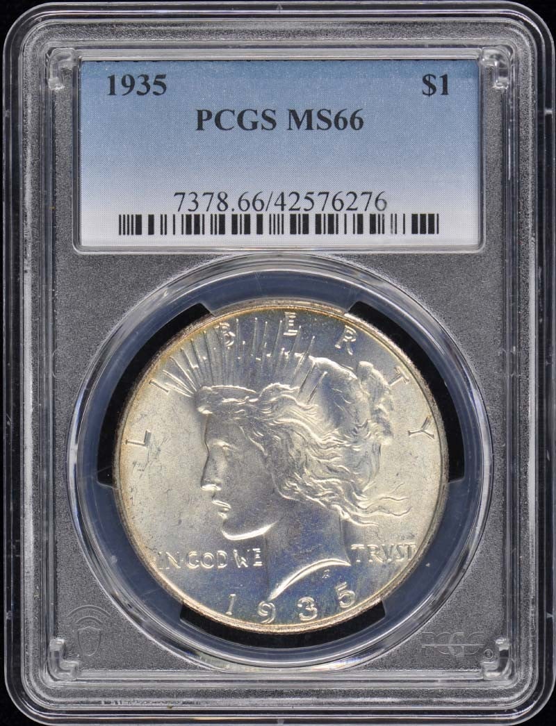1935 Peace Dollar PCGS MS66 Uncirculated Philadelphia Mint: 1935 Peace Dollar PCGS MS66 Uncirculated Philadelphia Mint This 1935 Peace Dollar, certified by PCGS with a grade of MS66, represents a remarkable piece of numismatic history. Minted in Philadelphia, 