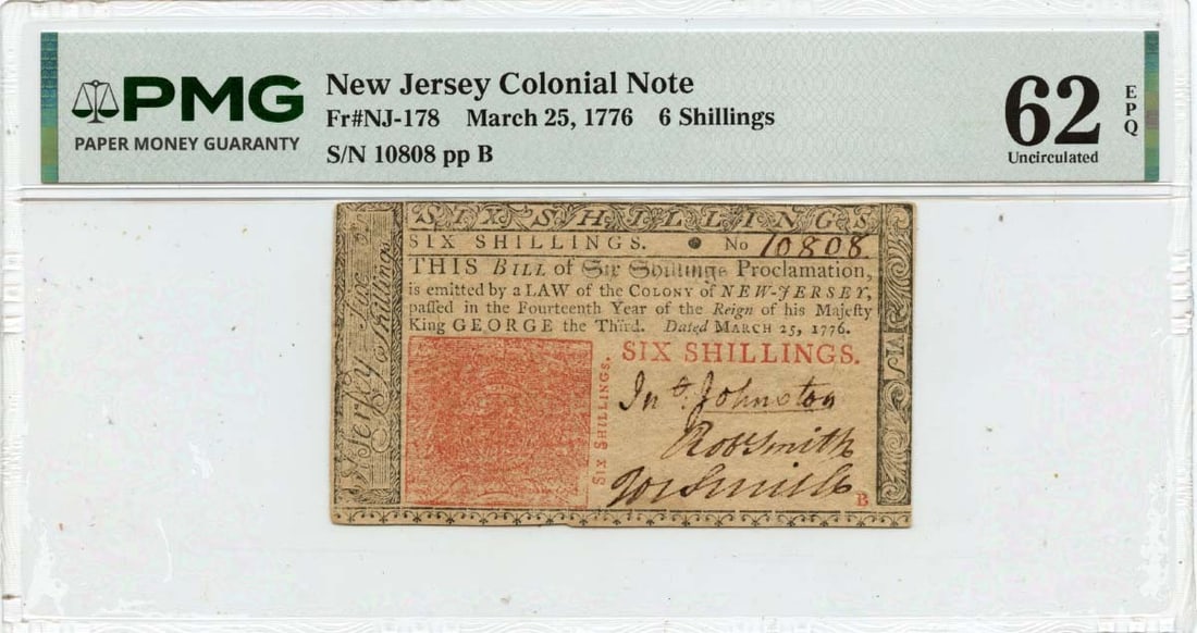 New Jersey Colonial 6 Shillings Note March 25 1776 PMG Certified Uncirculated: New Jersey Colonial 6 Shillings Note March 25 1776 PMG Certified Uncirculated This is a 6 shillings New Jersey colonial note dated March 25, 1776. The note has been certified by PMG with a grade of CU