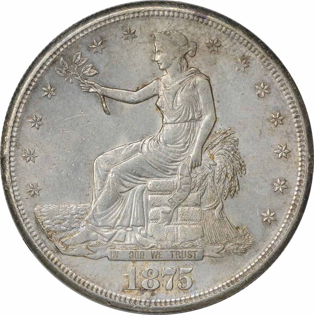 1875-S Uncirculated Trade Dollar Silver Coin KM 108: 1875-S Uncirculated Trade Dollar Silver Coin KM 108 This 1875-S Trade Silver Dollar is an uncirculated coin from the United States. Struck in silver, it features the classic design with a seated figur