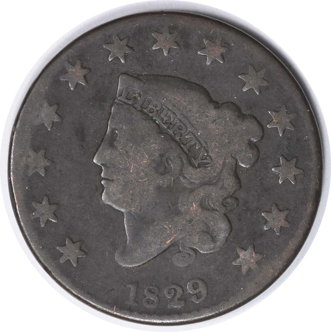 1829 Coronet Head copper Large Cent VG uncertified: 1829 Coronet Head copper Large Cent VG uncertified This is an 1829 United States Large Cent featuring the Coronet Head design. The coin is composed of copper and has been circulated, with an assigned 