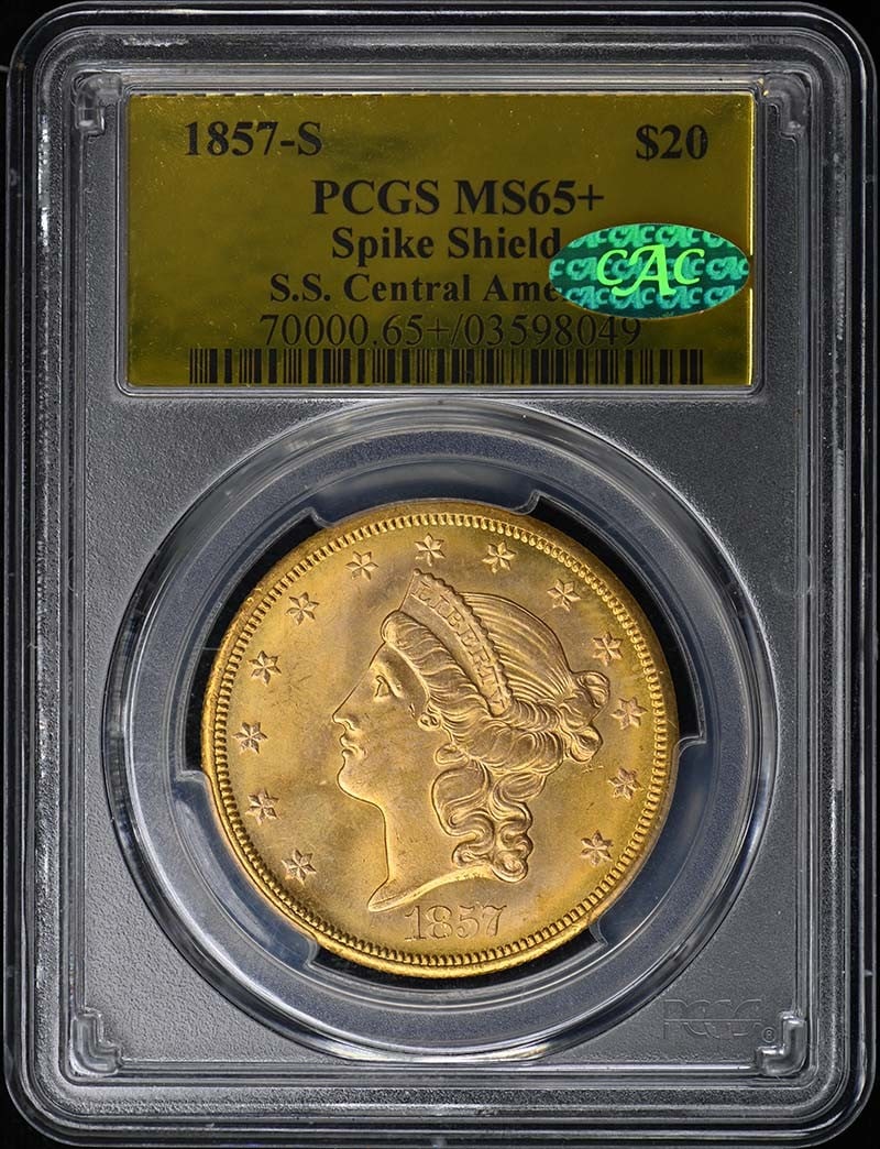 PCGS MS65+ CAC 1857-S Liberty Head $20 Gold Double Eagle S.S. Central America: PCGS MS65+ CAC 1857-S Liberty Head $20 Gold Double Eagle S.S. Central America This 1857-S $20 Liberty Head Double Eagle is an uncirculated gold coin graded MS65+ by PCGS and features CAC approval. Min