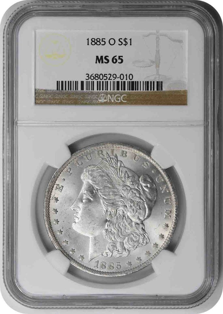 NGC MS65 1885 O Mint Morgan Dollar Uncirculated US Silver Coin: NGC MS65 1885 O Mint Morgan Dollar Uncirculated US Silver Coin This 1885-O Morgan Silver Dollar is graded MS65 by NGC. Struck at the New Orleans Mint, it features a composition of 90% silver and 10% c