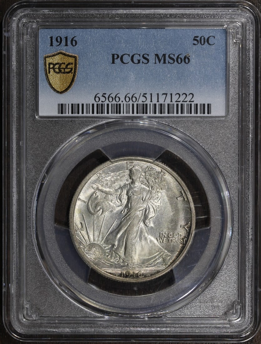 1916 Walking Liberty Half Dollar PCGS MS66 Silver Philadelphia: 1916 Walking Liberty Half Dollar PCGS MS66 Silver Philadelphia This 1916 Walking Liberty Half Dollar is an uncirculated silver coin from the first year of issue, graded MS66 by PCGS. Recognized as a k
