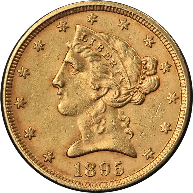 Uncirculated 1895 Liberty Head Five Dollar Gold Coin Philadelphia Mint: Uncirculated 1895 Liberty Head Five Dollar Gold Coin Philadelphia Mint This original 1895-P Liberty Gold $5 coin features attractive eye appeal, notable luster, and a well-defined strike. The coin dis