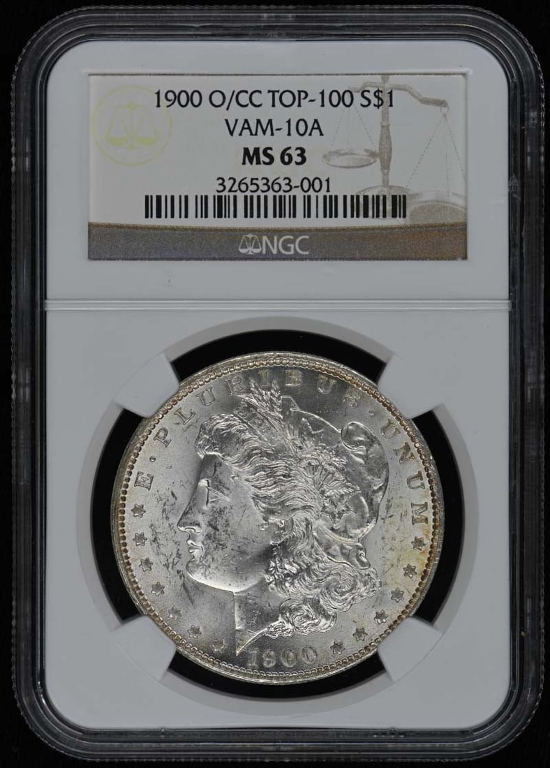 1900-O/CC Morgan Dollar VAM-10A NGC MS63 Uncirculated: 1900-O/CC Morgan Dollar VAM-10A NGC MS63 Uncirculated This 1900-O/CC Morgan Dollar is a remarkable example of numismatic history, certified by NGC with a grade of MS63. This uncirculated coin was mint