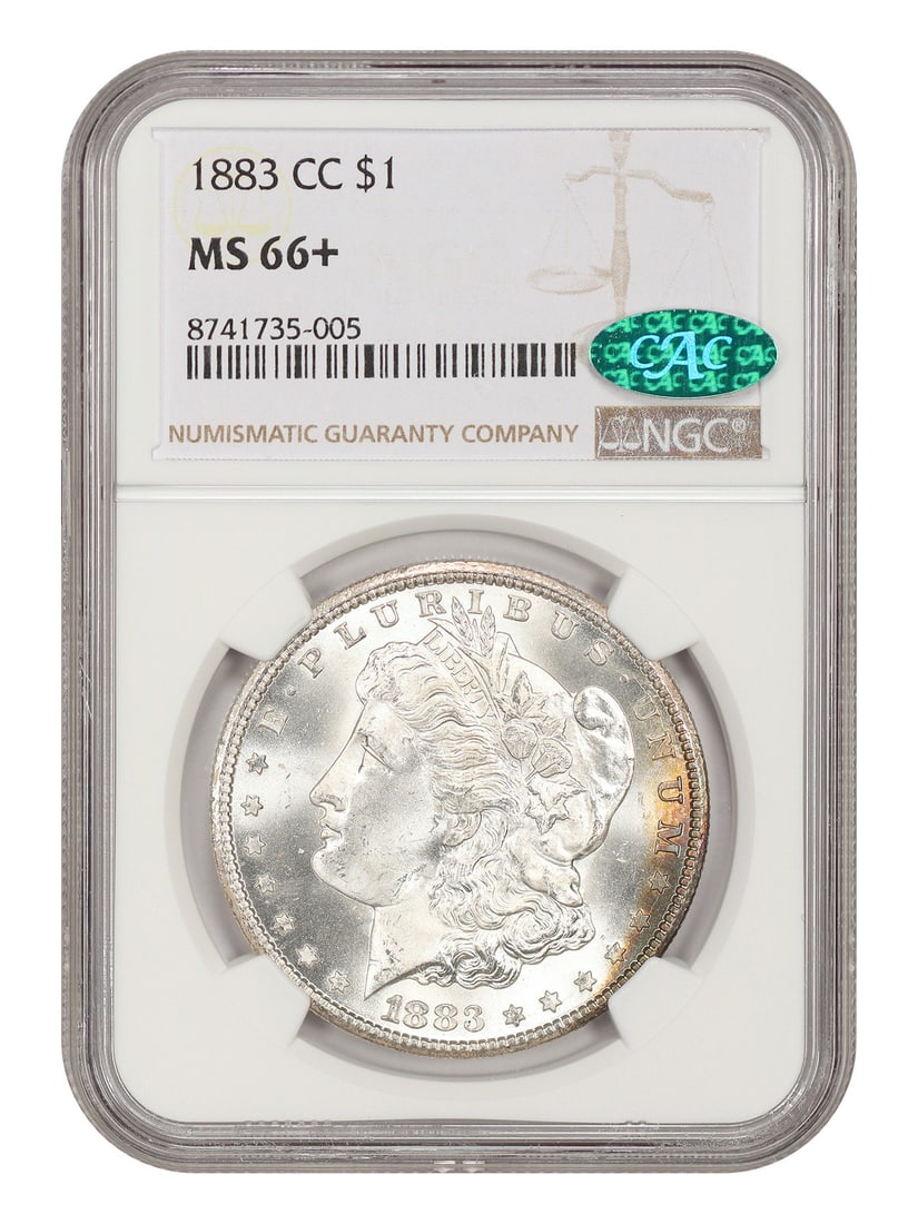 NGC MS66+ CAC 1883-CC Morgan Silver Dollar $1: NGC MS66+ CAC 1883-CC Morgan Silver Dollar $1 1883 Carson City Morgan Dollar $1 certified by NGC and designated MS66+. This uncirculated coin is described as a popular Carson City issue with stark whi
