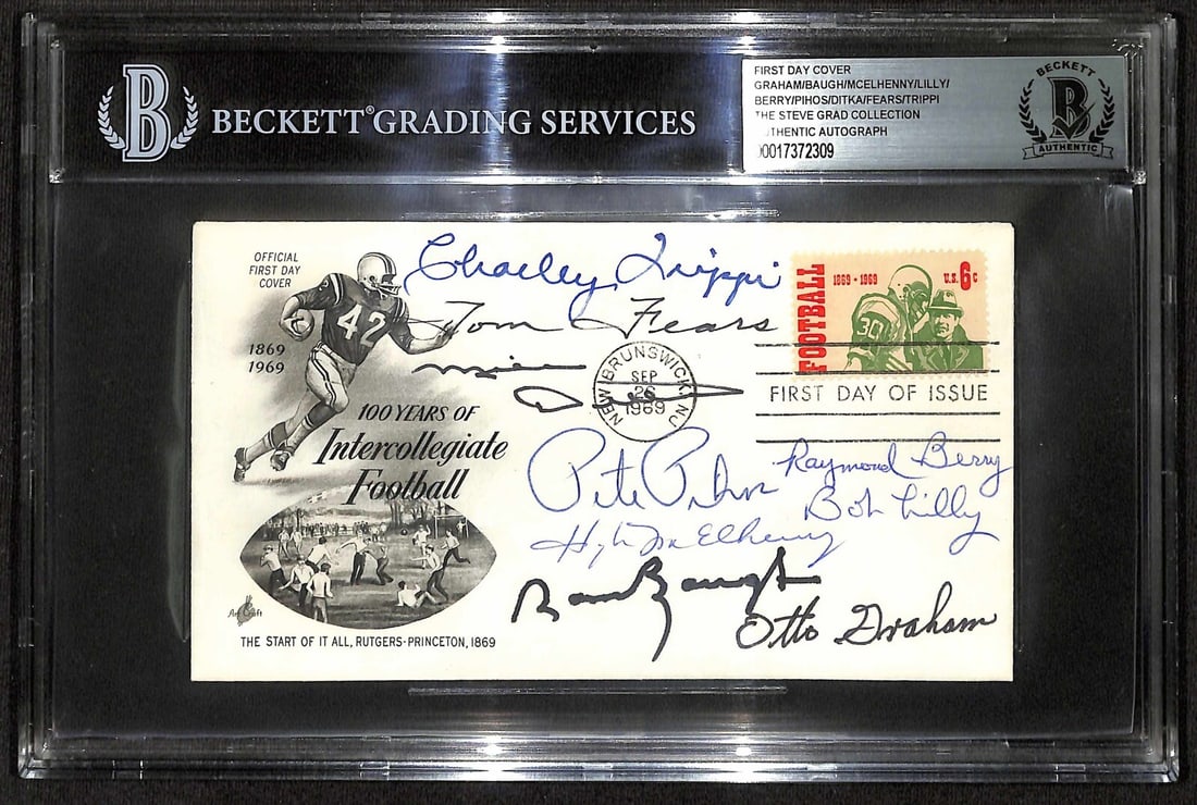 9 NFL HOF Autographed College Football FDC Beckett Certified: 9 NFL HOF Autographed College Football FDC Beckett Certified Celebrate the rich history of college football with this autographed First Day Cover (FDC) commemorating 100 Years of Intercollegiate Footb