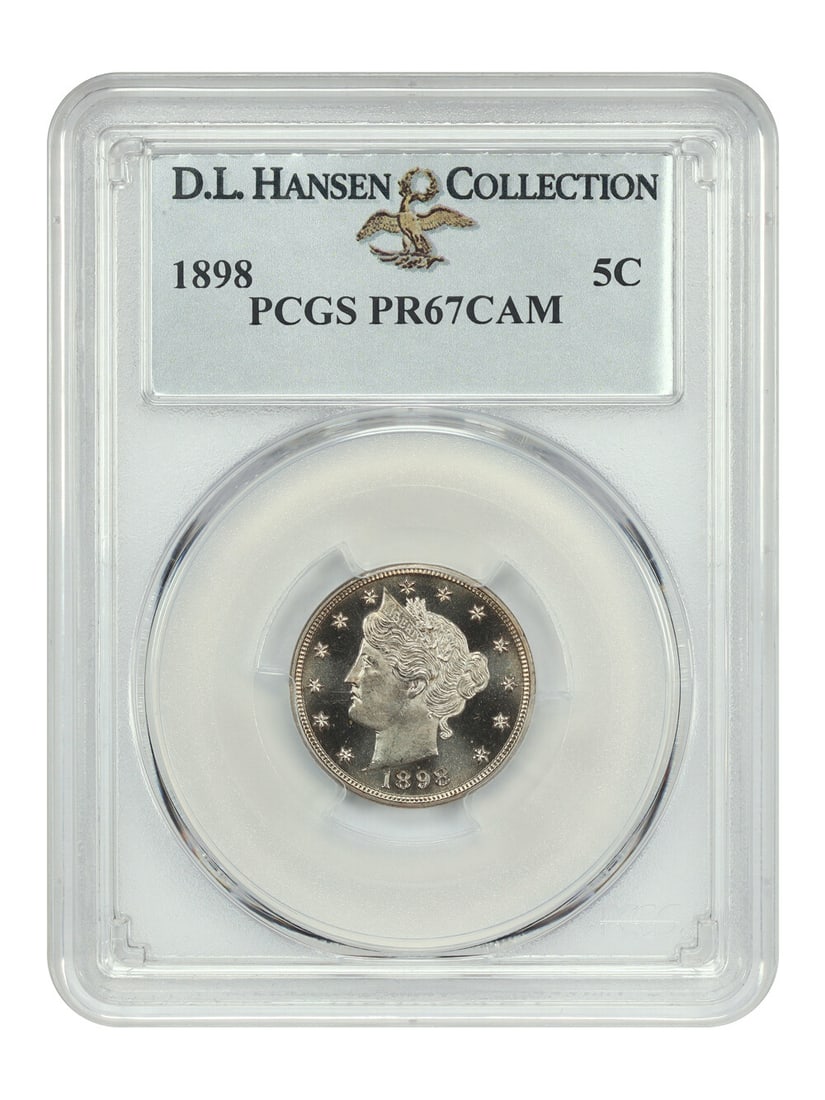 PCGS PR67CAM 1898 Liberty Nickel 5C ex D.L. Hansen: PCGS PR67CAM 1898 Liberty Nickel 5C ex D.L. Hansen 1898 Liberty Nickel 5C graded PR67CAM by PCGS. This low mintage proof is one of only 1,795 coins struck, and PCGS reports just three finer at this le