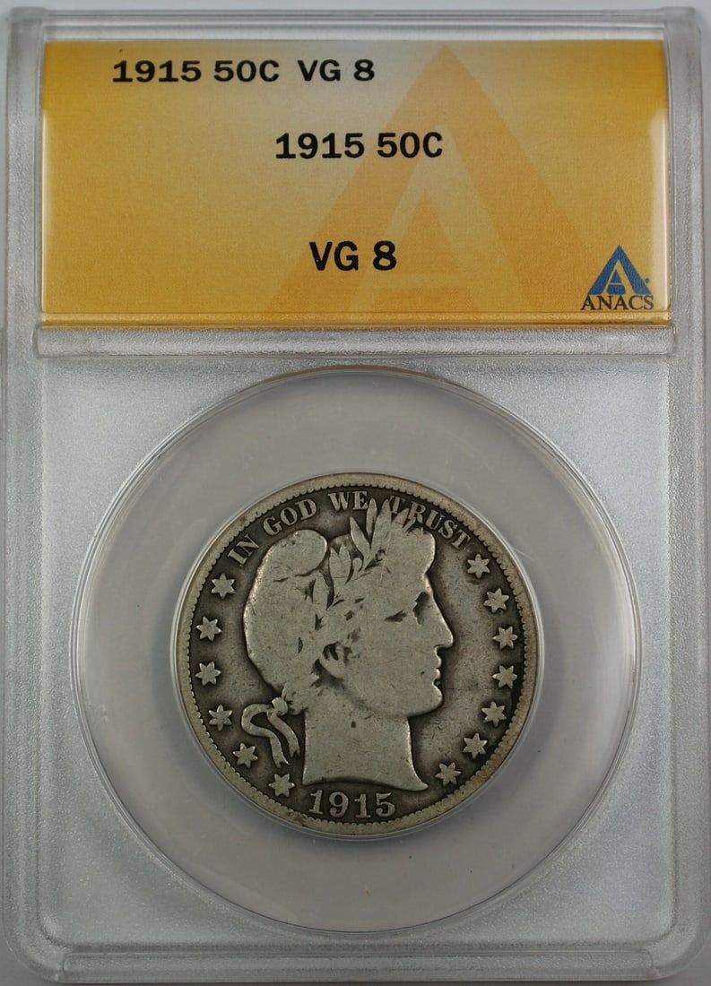 ANACS VG-8 1915 Barber Half Dollar Silver: ANACS VG-8 1915 Barber Half Dollar Silver This 1915 Barber Silver Half Dollar was minted in Philadelphia and is graded VG-8 (Very Good) by ANACS. The coin is composed of silver and has been circulated