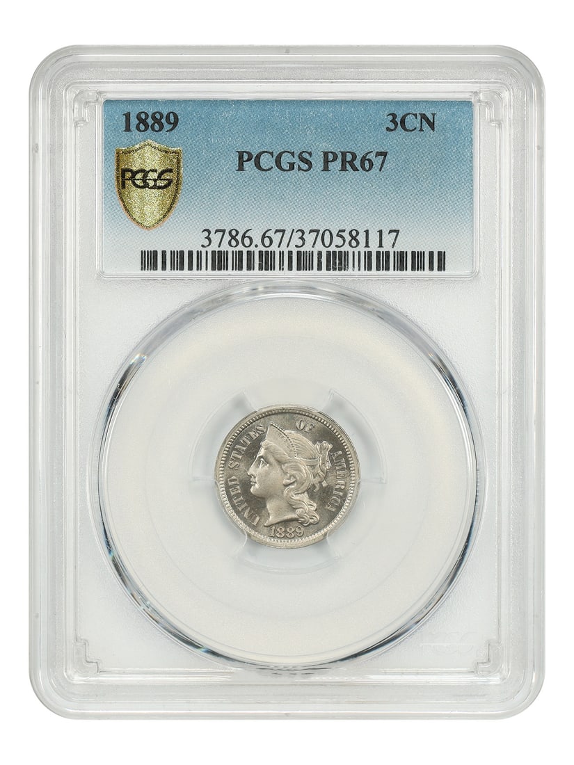 1889 PCGS PR67 Three Cent Nickel 3CN Proof Coin: 1889 PCGS PR67 Three Cent Nickel 3CN Proof Coin 1889 Three Cent Nickel certified by PCGS as PR67. Struck in Philadelphia, this uncirculated proof coin is identified as 3CN with certification number 37
