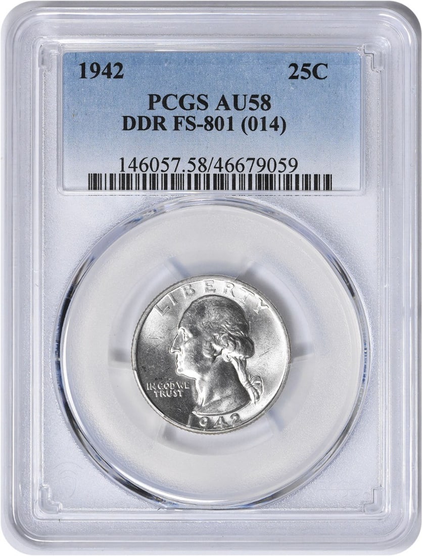 1942 Washington Silver Quarter DDR FS-801 PCGS AU58: 1942 Washington Silver Quarter DDR FS-801 PCGS AU58 This 1942 Washington Silver Quarter is a stunning piece of numismatic history, certified by PCGS with a grade of AU58. Minted in Philadelphia, this 