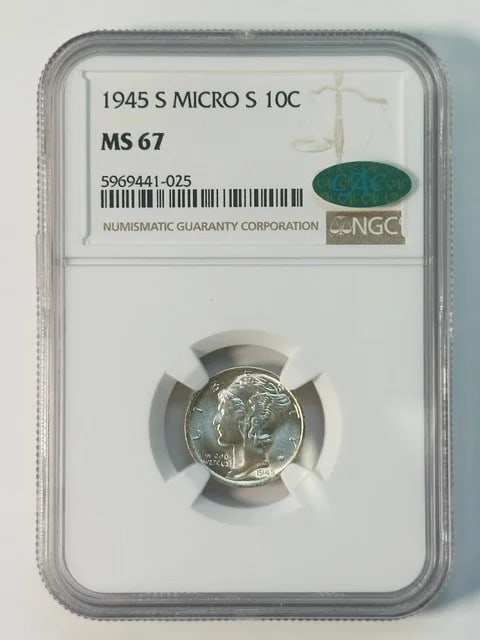 1945-S Mercury Silver Dime NGC MS67 CAC Micro S: 1945-S Mercury Silver Dime NGC MS67 CAC Micro S 1945-S Mercury Dime certified by NGC and CAC, graded MS 67. This silver dime was minted in San Francisco and is described as having great luster. Condit