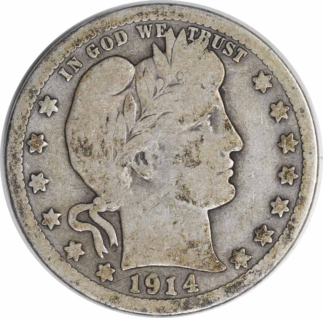 1914-S Barber Quarter 90% Silver VG Uncertified San Francisco: 1914-S Barber Quarter 90% Silver VG Uncertified San Francisco This 1914-S Barber Silver Quarter is a remarkable piece from the San Francisco mint, showcasing the artistry of designer Charles E. Barber
