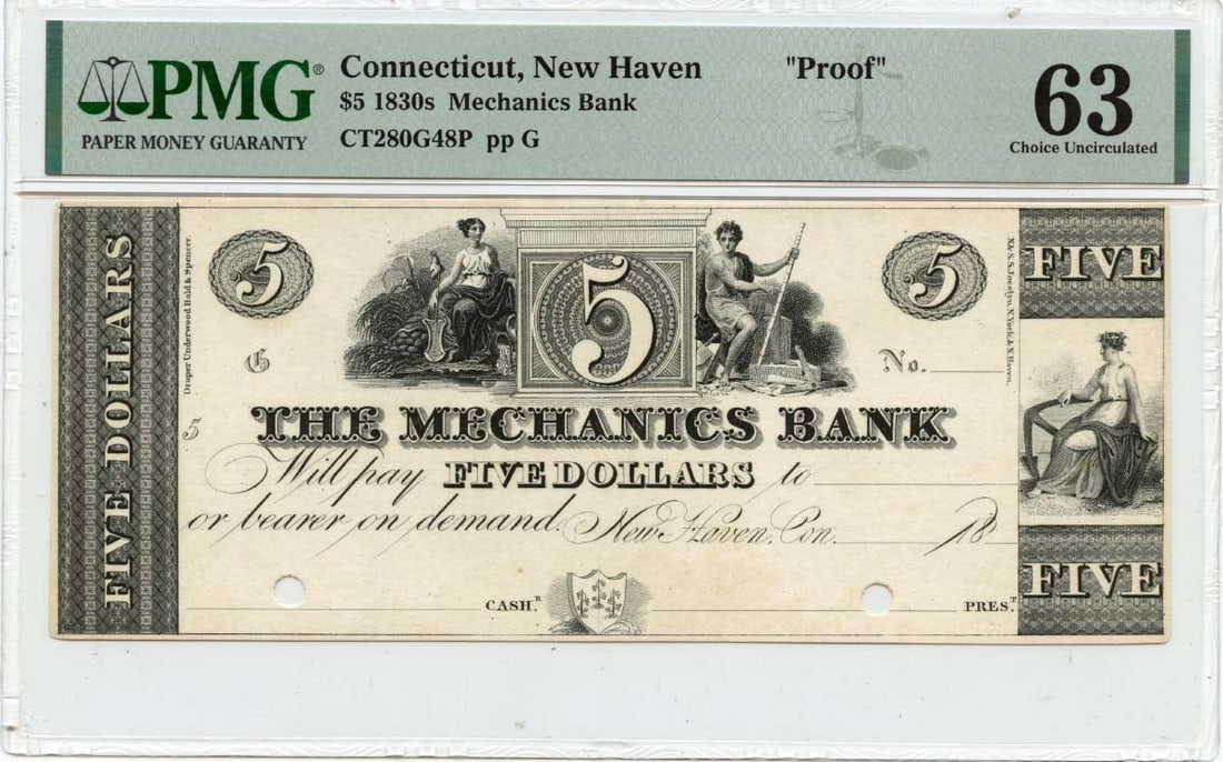 1830s $5 New Haven Connecticut Obsolete Proof Note PMG MS63 (1 of 2)