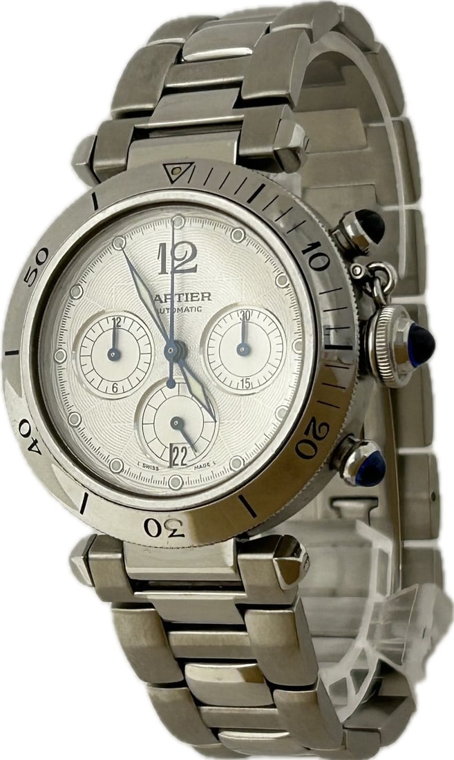Cartier Pasha Chronograph Automatic Men's Wristwatch White Dial W3103055 2113: Cartier Pasha Chronograph Automatic Men's Wristwatch White Dial W3103055 2113 This is a Cartier Pasha Chronograph W3103055 men's wristwatch featuring an automatic movement and a white dial. Crafted in