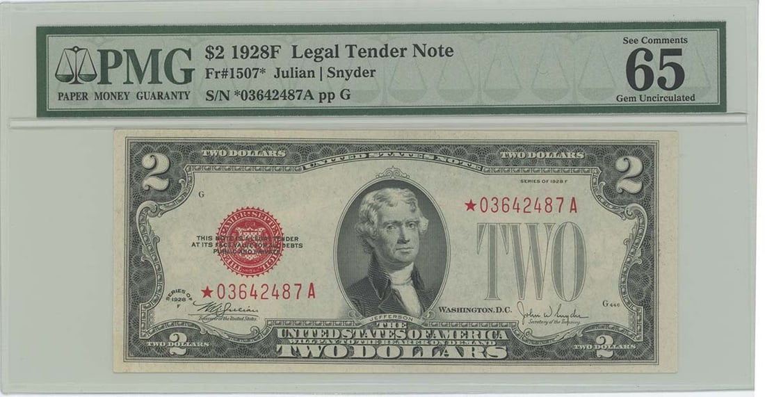 1928F $2 Legal Tender FR#1507* PMG 65 EPQ Uncirculated Note: 1928F $2 Legal Tender FR#1507* PMG 65 EPQ Uncirculated Note This 1928 $2 Legal Tender Note, designated as FR#1507*, is a remarkable example of American currency. Graded by PMG at MS65, it boasts a Gem