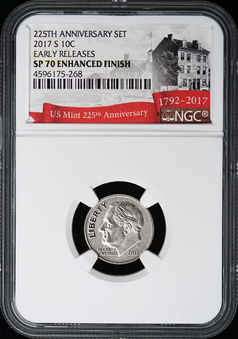 2017 NGC SP70 Enhanced Finish 225th Anniversary Ten Dollar Coin Set: 2017 NGC SP70 Enhanced Finish 225th Anniversary Ten Dollar Coin Set This 2017 225th Anniversary Enhanced Reverse 10 Coin Set features $1 coins certified by NGC with a grade of SP70. The set originates