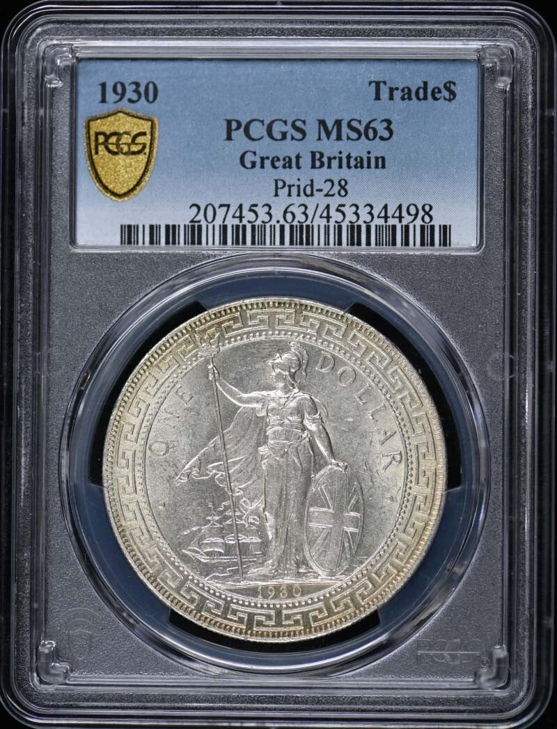 1930 United Kingdom Trade Dollar PCGS MS63 Prid-28 Certified Coin: 1930 United Kingdom Trade Dollar PCGS MS63 Prid-28 Certified Coin This is a 1930 Great Britain Trade Dollar, certified by PCGS with a grade of MS63. The coin is uncirculated and originates from the Un