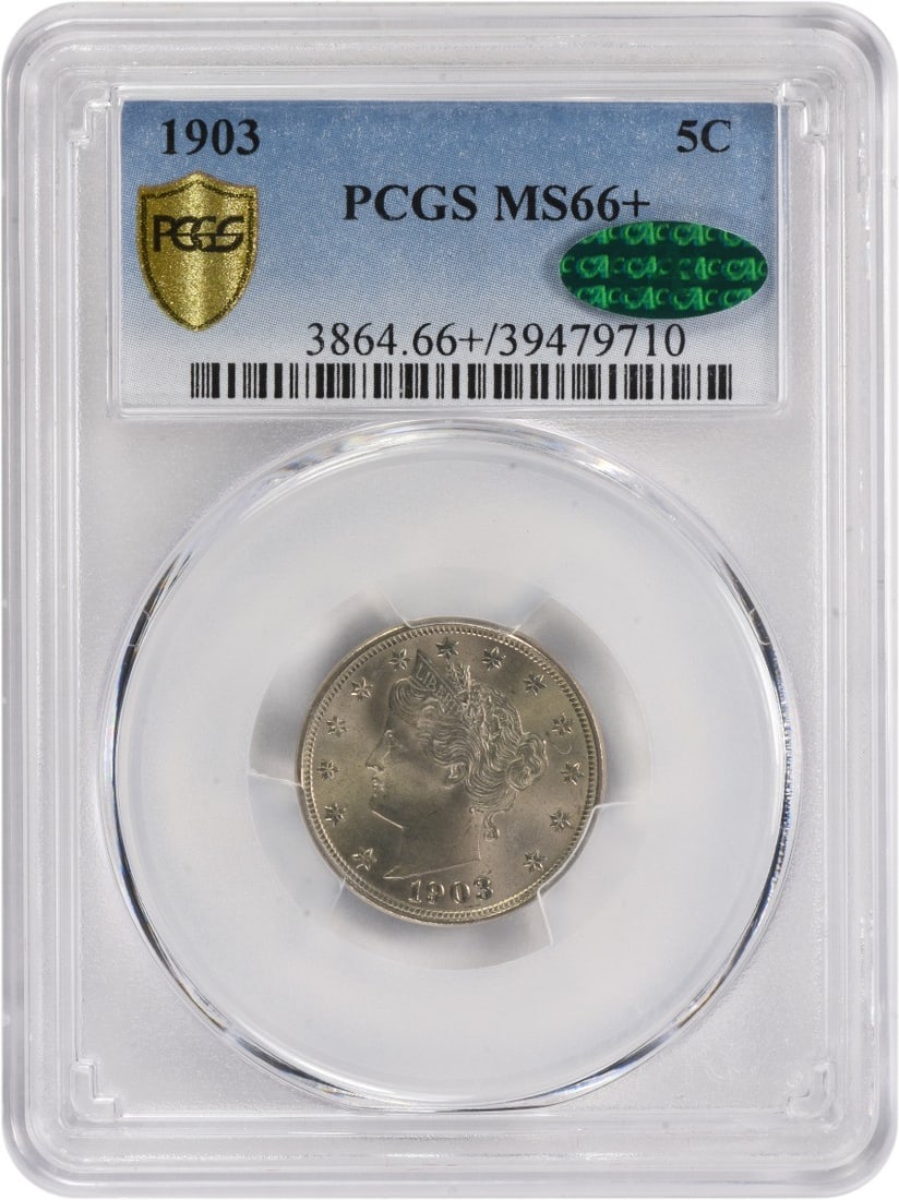 1903 Liberty Nickel MS66+ PCGS CAC Uncirculated 5C Coin: 1903 Liberty Nickel MS66+ PCGS CAC Uncirculated 5C Coin This 1903 Liberty Nickel is graded MS66+ by PCGS and features a stunning level of detail, indicative of its uncirculated condition. Minted in Ph