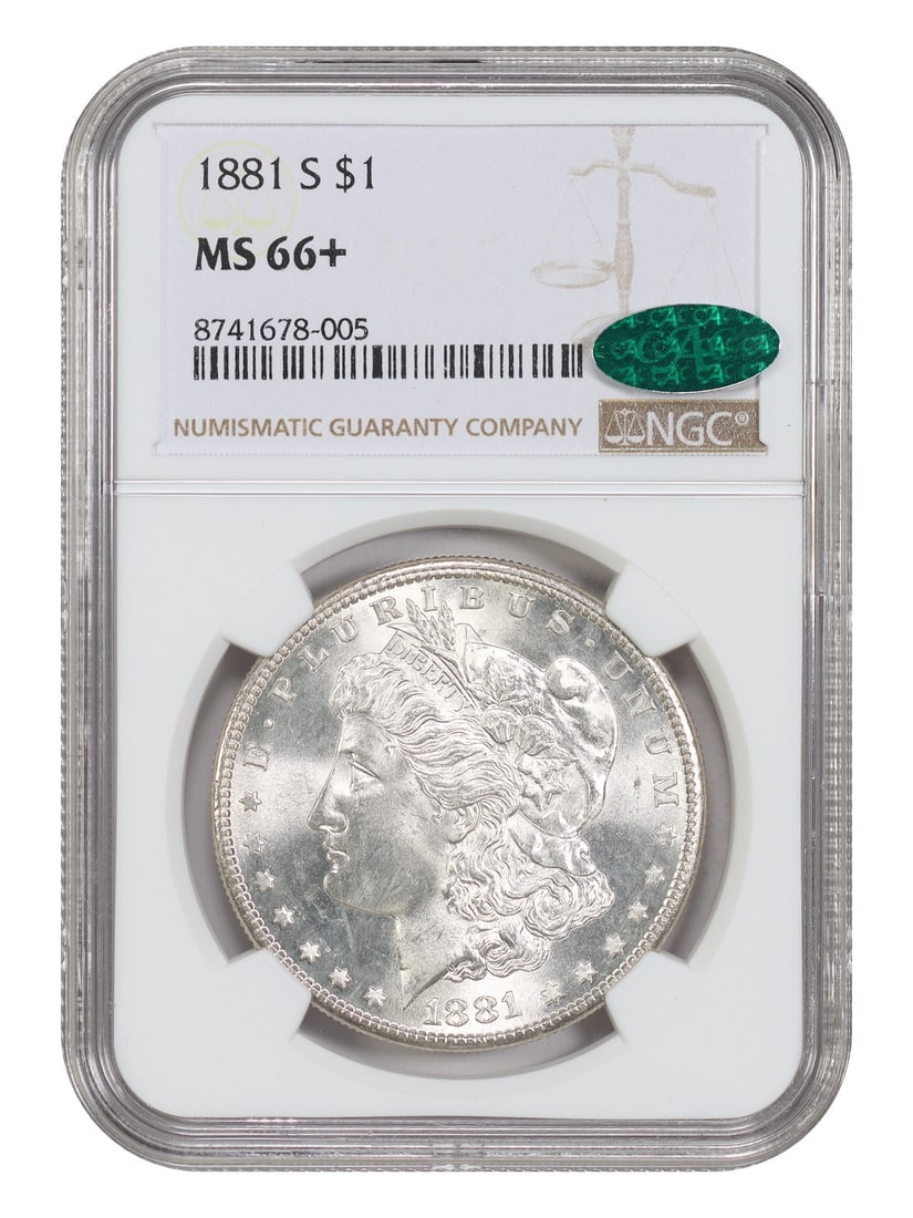 1881-S Morgan Silver Dollar $1 NGC CAC MS66+: 1881-S Morgan Silver Dollar $1 NGC CAC MS66+ 1881-S Morgan Dollar $1 certified by NGC and CAC graded MS66+. Minted in San Francisco, this pre-owned coin is a popular collector date and is noted in the