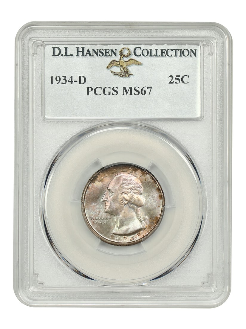 PCGS MS67 1934-D Washington Quarter 25C Key Date ex D.L. Hansen: PCGS MS67 1934-D Washington Quarter 25C Key Date ex D.L. Hansen An impressively preserved 1934-D Washington Quarter graded PCGS MS67. This key date example is sharply struck throughout with bold, sati