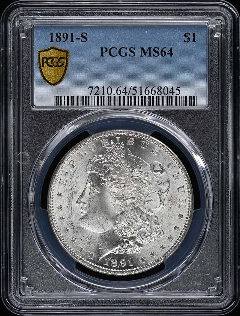1891-S Morgan Dollar PCGS MS64 Uncirculated San Francisco: 1891-S Morgan Dollar PCGS MS64 Uncirculated San Francisco This 1891-S Morgan Dollar is certified by PCGS with a grade of MS64, indicating it is in uncirculated condition. Minted in San Francisco, this