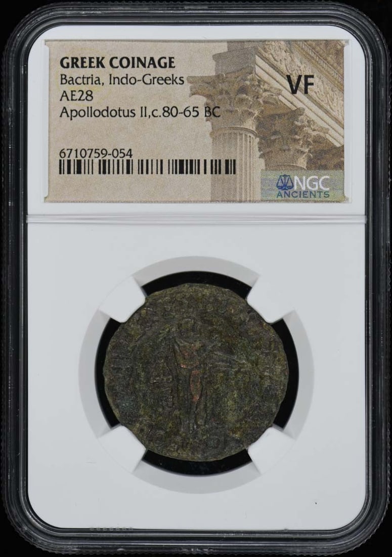 Bactria Ancient Greek AE28 Coin Appollodotus II circa 80-65 BC NGC VF20: Bactria Ancient Greek AE28 Coin Appollodotus II circa 80-65 BC NGC VF20 This is an ancient Greek AE28 coin from the reign of Appollodotus II, dated circa 80-65 BC. The coin has been certified by NGC w