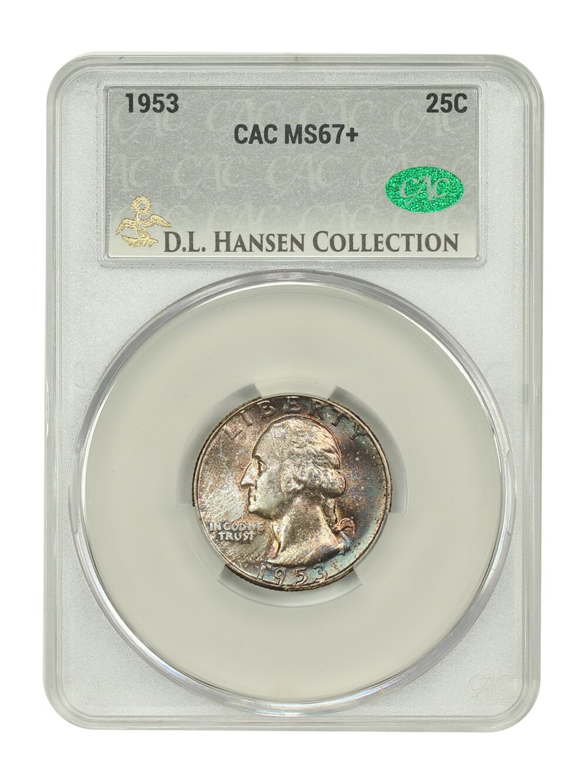 Washington Quarter 1953 25C CACG MS67+ Original Toning: Washington Quarter 1953 25C CACG MS67+ Original Toning 1953 Washington Quarter certified by CACG and graded MS67+. It is described as originally toned and ideally preserved, with a Philadelphia mint o