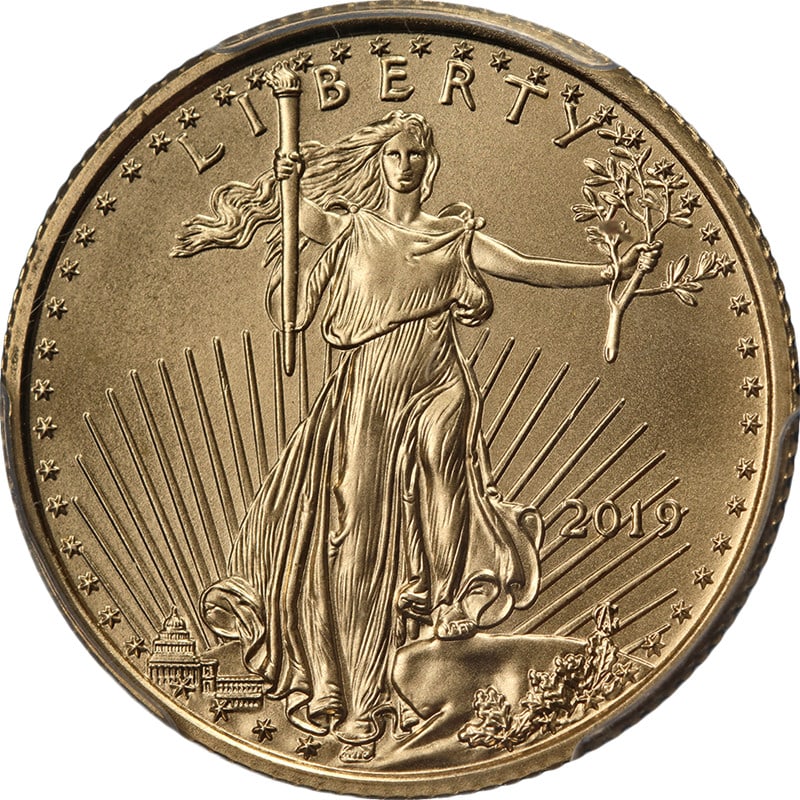 PCGS MS70 2019 American Eagle $10 Gold Coin First Day Issue: PCGS MS70 2019 American Eagle $10 Gold Coin First Day Issue This 2019 Gold American Eagle $10 coin is graded MS70 by PCGS and designated as a First Day Issue. Struck in 0.9167 fineness gold, it featur