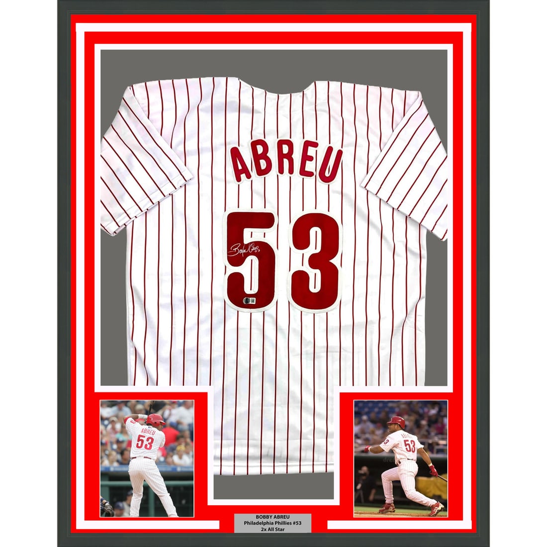 Bobby Abreu Signed Phillies Jersey in 35x39 Frame with Beckett COA: Bobby Abreu Signed Phillies Jersey in 35x39 Frame with Beckett COA This professionally framed and matted Philadelphia Phillies pinstripe jersey is autographed by Bobby Abreu. The display includes two 